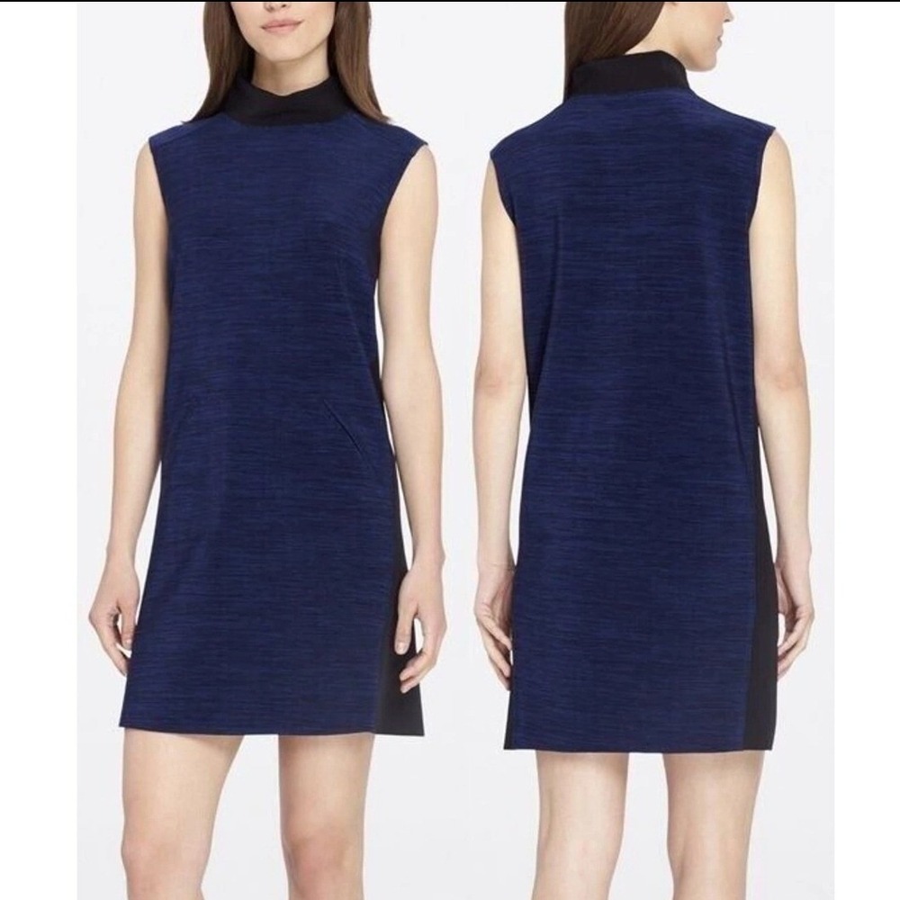Tahari Arthur S Levine Navy Blue Colorblock Mock Neck Sleeveless Shift Dress 10